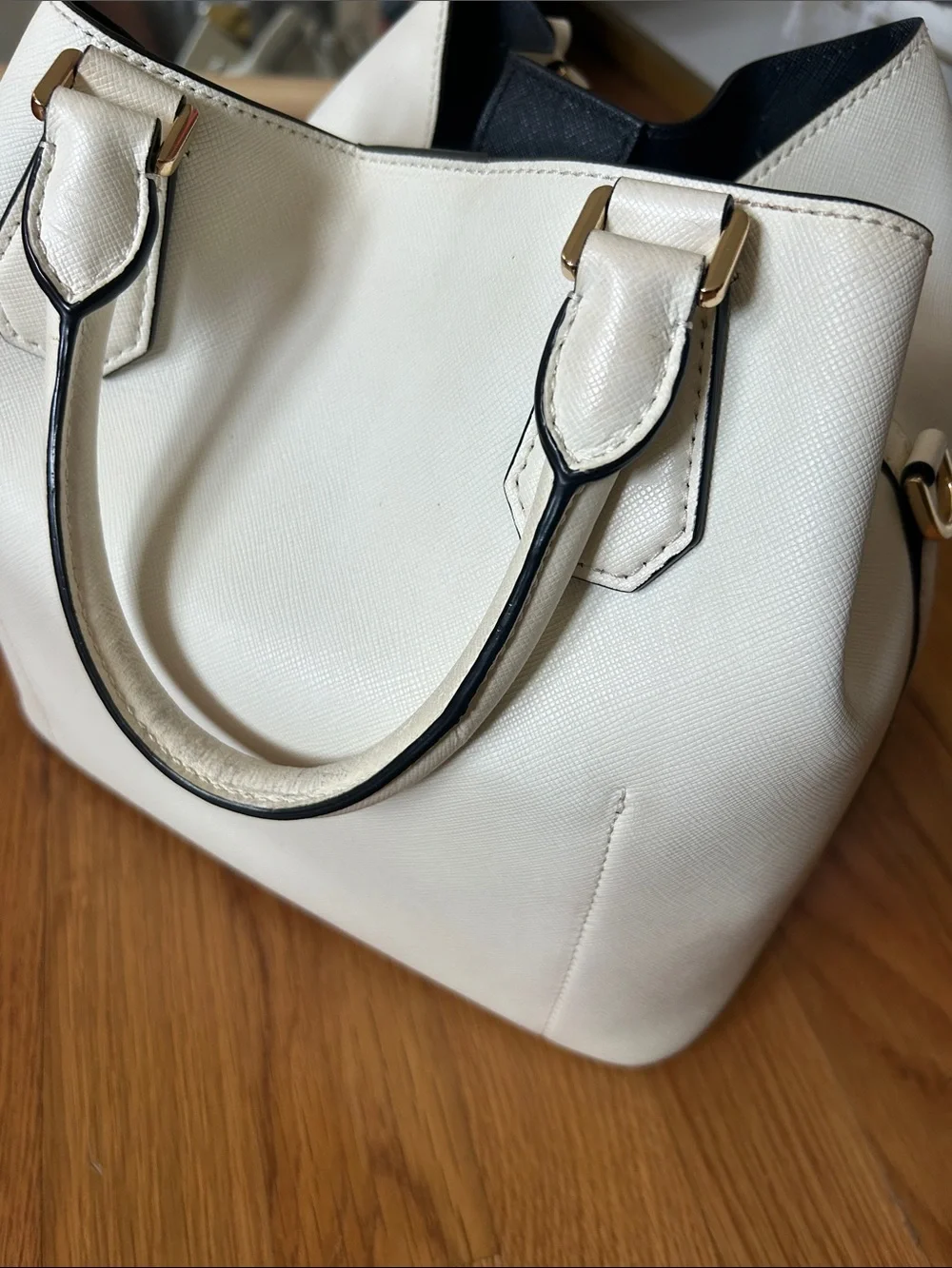Michael Kors Cream Saffiano Leather Tote with Black Trim and Gold Hardware